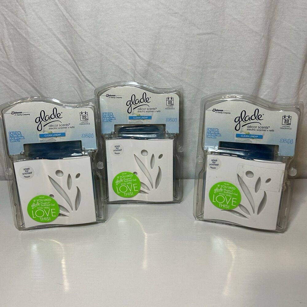 Glade Decor Scents CLEAN LINEN 3 refill & Electric Warming Units Plug In Warmer